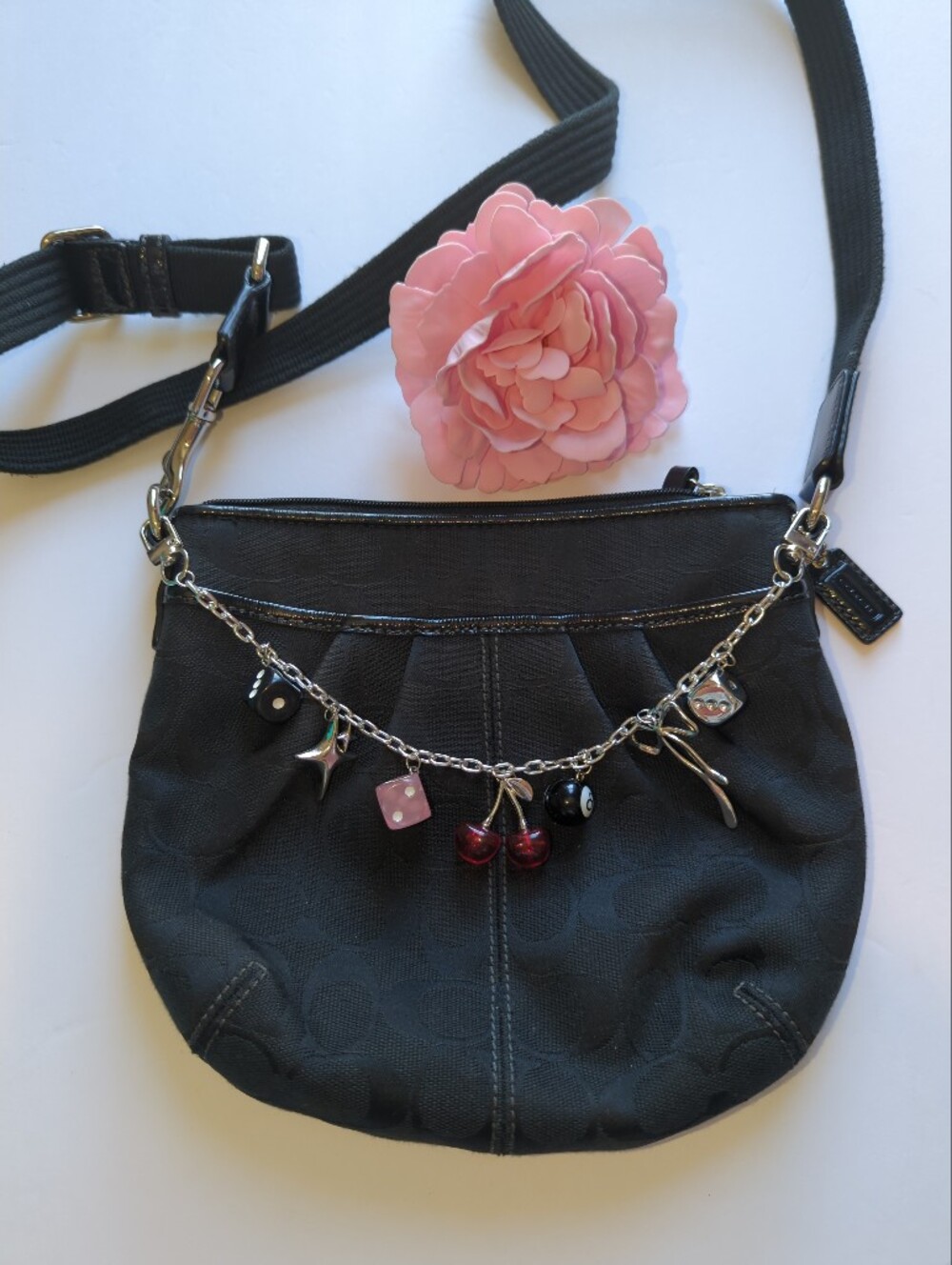 Coach Y2K Black Signature CC Crossbody  with Multi Charm Cherry Dice Bow Chain